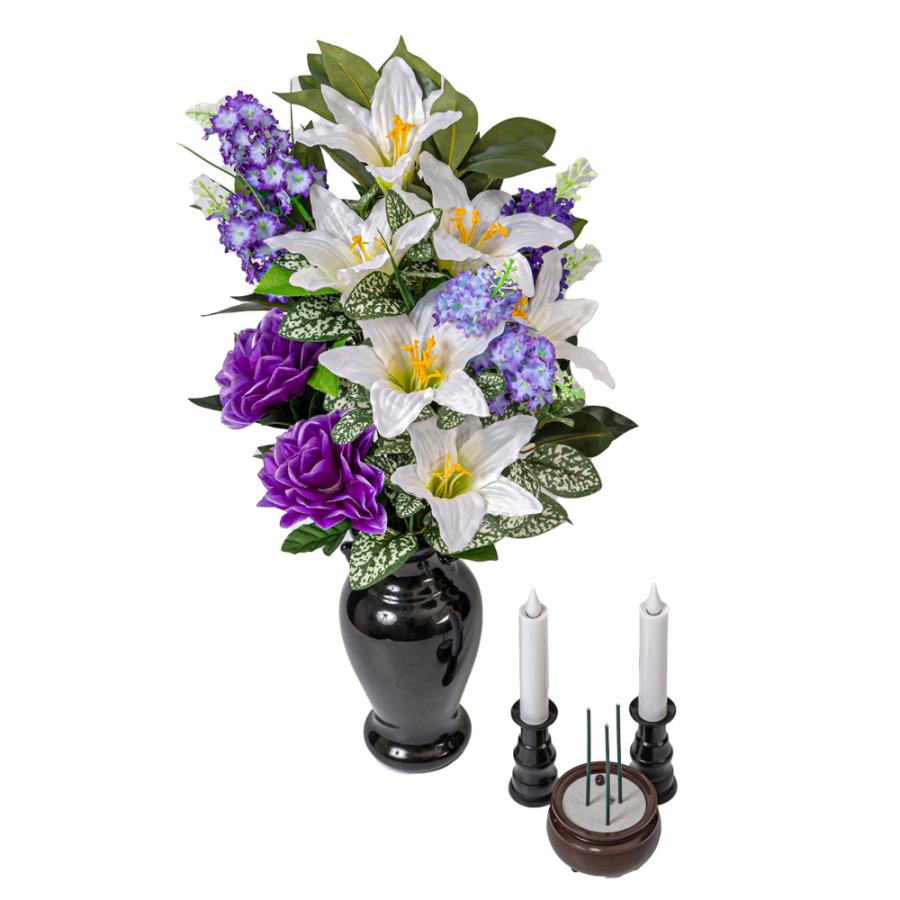 ユリ ライラック ダリア しきみ(樒)付き 造花 2束 固定具付き 仏花 お