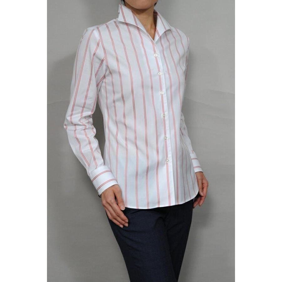 レディースシャツブラウス レディースワイシャツ レディース シャツ ビジネス 長袖 ホワイト 白 綿100％ ストライプ イタリアンカラー 日本製 トップス | ozie | 01