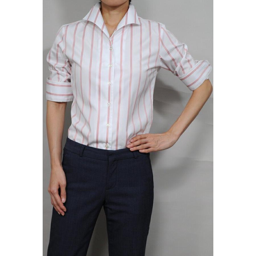 レディースシャツブラウス レディースワイシャツ レディース シャツ ビジネス 長袖 ホワイト 白 綿100％ ストライプ イタリアンカラー 日本製 トップス | ozie | 04