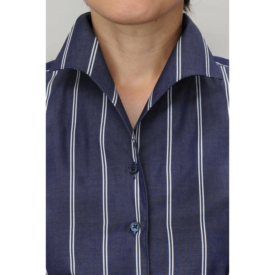 レディース シャツ ビジネス ワイシャツ ブラウス 長袖 イタリアンカラー ネイビー 紺 ストライプ 日本製 ナチュラルフィット トップス 大きいサイズ おしゃれ｜ozie｜07