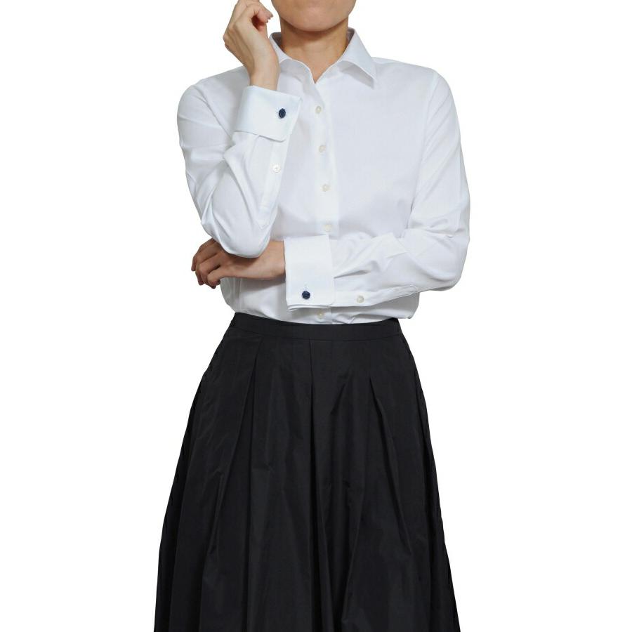 レディースシャツ ワイシャツ ブラウス ビジネス 長袖 ホワイト 白 ダブルカフス ワイドカラーシャツ 形態安定 大きいサイズ おしゃれ | ozie | 02