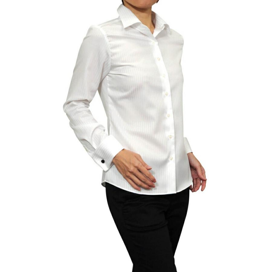 レディースシャツ ワイシャツ ブラウス ビジネス 長袖 ホワイト 白 ダブルカフス ワイドカラーシャツ 形態安定 大きいサイズ おしゃれ 日本製｜ozie｜02