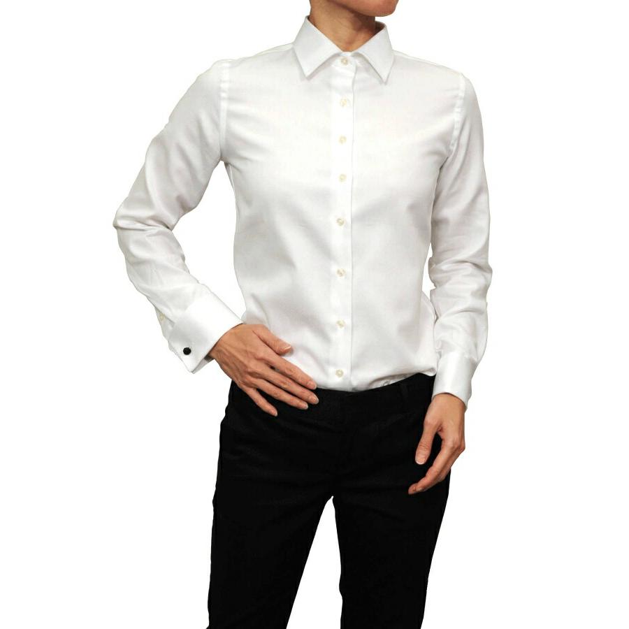 レディースシャツ ワイシャツ ブラウス ビジネス 長袖 ホワイト 白 ダブルカフス ワイドカラーシャツ 形態安定 | ozie