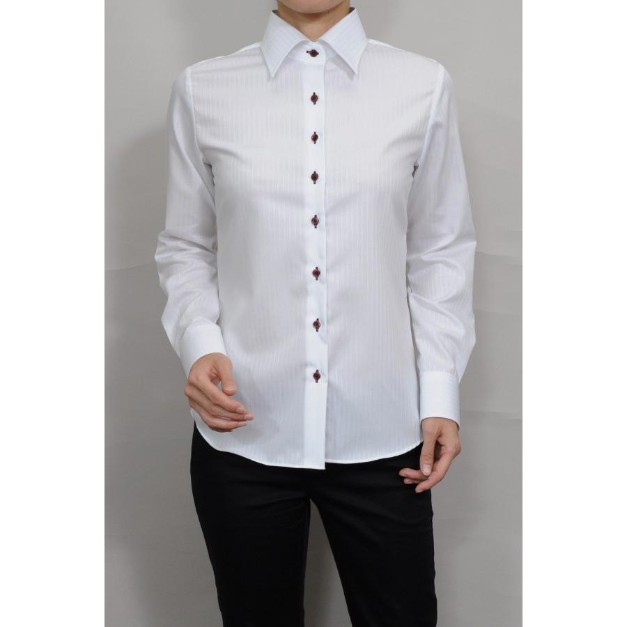 レディースシャツ ブラウス 長袖 ホワイト 白 ワイシャツ オフィス ビジネス ワイドカラー 日本製 ナチュラルフィット トップス 形態安定 大きいサイズ おしゃれ | ozie | 03