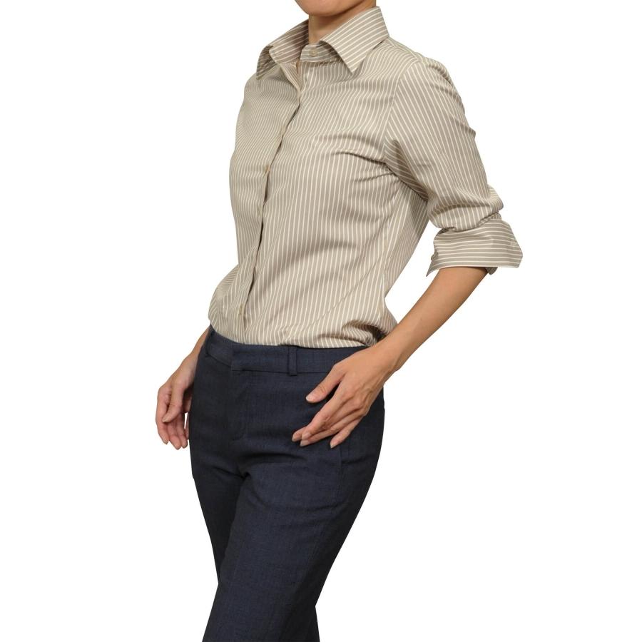 レディース シャツ ビジネス ワイシャツ ブラウス 長袖 ワイドカラー ベージュ ストライプ 日本製 ナチュラルフィット トップス おしゃれ 6071 H09 Beige Ozie オジエ ワイシャツ専門店 通販 Yahoo ショッピング