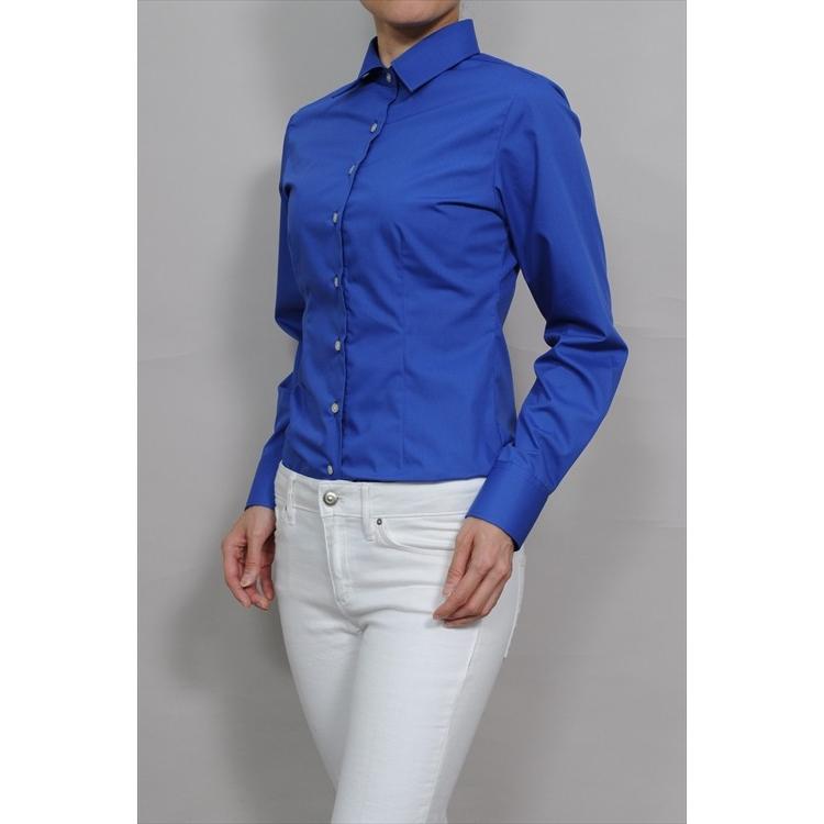 レディース シャツ ビジネス ワイシャツ ブラウス 長袖 青 ワイドカラー 形態安定 日本製 スリムフィット トップス 大きいサイズ おしゃれ  オフィス OL :6271R-4-BLUE-:ozie(オジエ)ワイシャツ専門店 通販 
