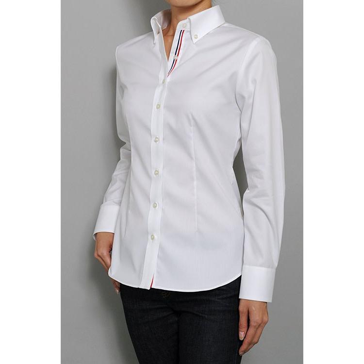 レディース シャツ ビジネス ワイシャツ ブラウス 長袖 白 ボタンダウン 形態安定 綿100% プレミアムコットン 日本製 スリム トップス 大きいサイズ おしゃれ｜ozie