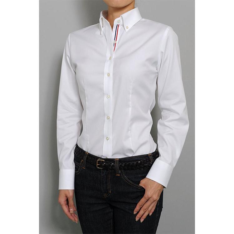 レディース シャツ ビジネス ワイシャツ ブラウス 長袖 白 ボタンダウン 形態安定 綿100% プレミアムコットン 日本製 スリム トップス 大きいサイズ おしゃれ｜ozie｜02
