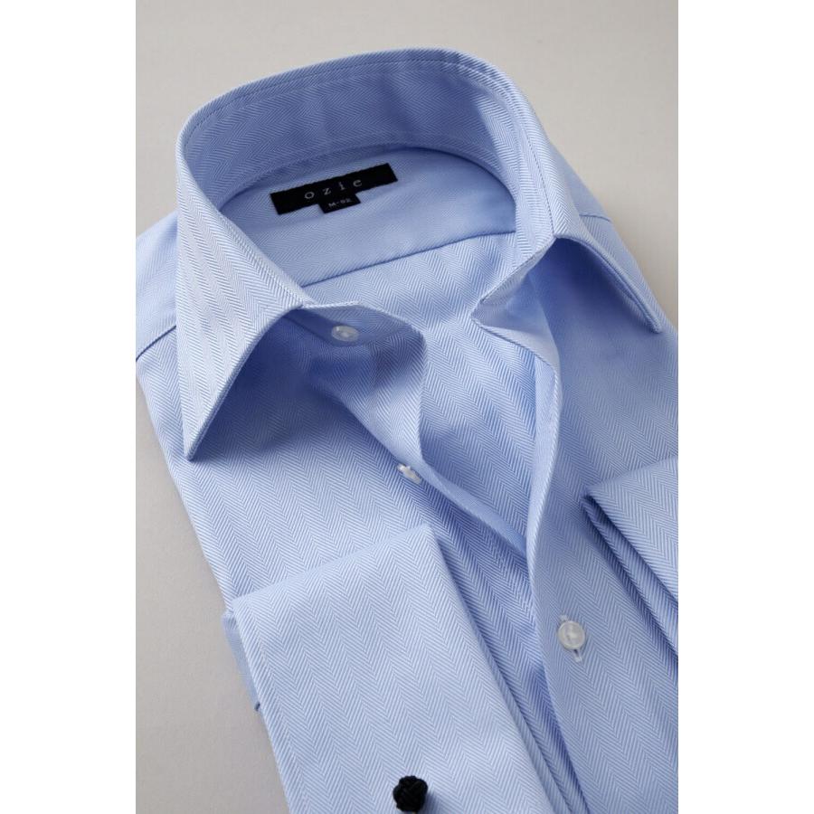 ワイシャツ メンズ 長袖 ブルー 青  ダブルカフス ワイドカラー 形態安定 カッターシャツ 無地 大きいサイズ おしゃれ｜ozie｜03