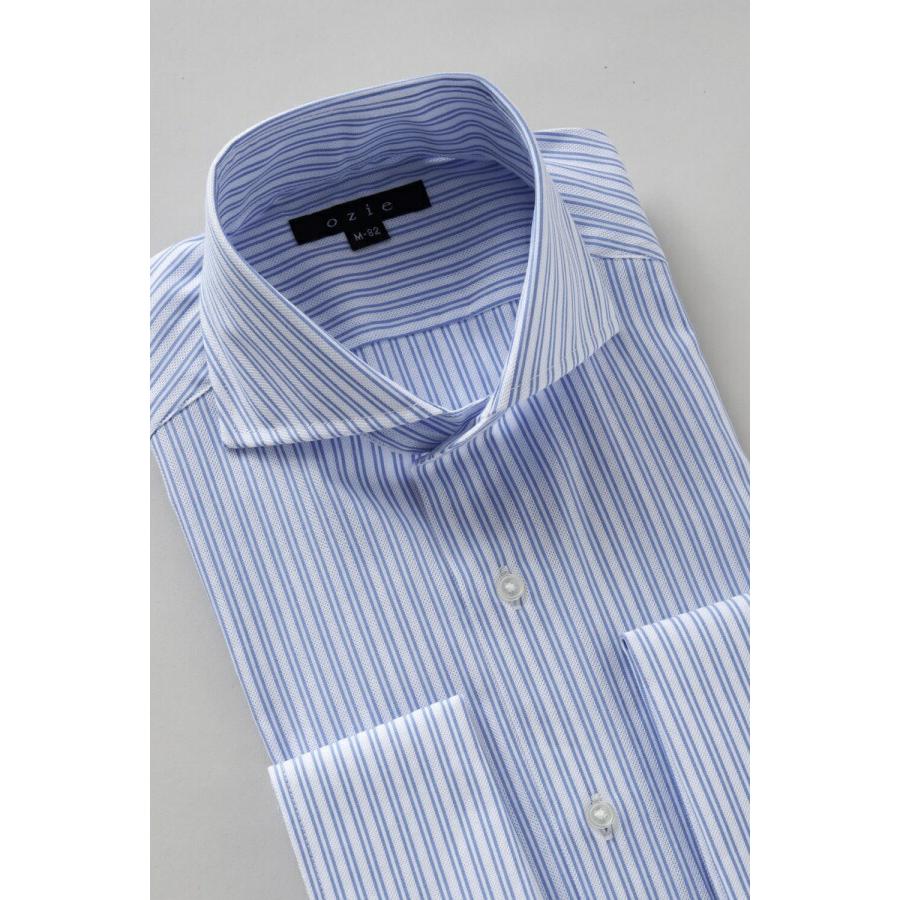ダブルカフス ワイシャツ ホリゾンタルカラー カッタウェイ メンズ 長袖 青 綿100% からみ織り プレミアムコットン ビジネスシャツ Yシャツ おしゃれ｜ozie｜04
