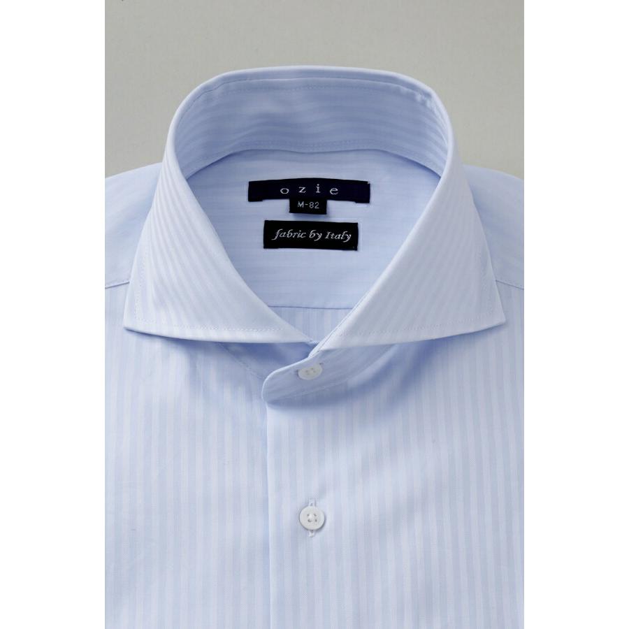 ワイシャツ メンズ 長袖 ホリゾンタルカラー ブルー 青 イタリア製生地