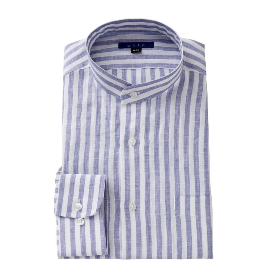 ワイシャツ メンズ 長袖 ドレスシャツ レギュラーフィット Yシャツ カジュアル 青 スタンドカラー 麻リネン ブルー おしゃれ 新作商品 フレンチリネン 大きいサイズ