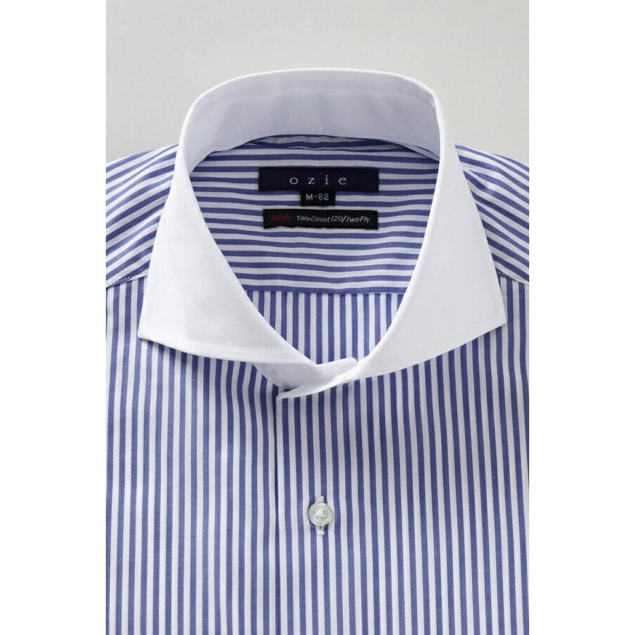 ワイシャツ メンズ 長袖 ブルー 青 綿100% プレミアムコットン ホリゾンタルカラー ストライプ カッターシャツ 大きいサイズ おしゃれ ブロード クレリック｜ozie｜02