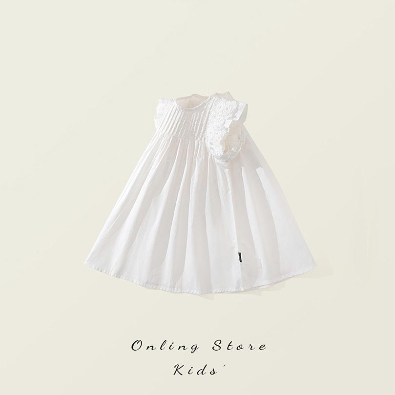 レースフリル袖ワンピース子供服 ホワイトノースリーブ子ども服 女の子 