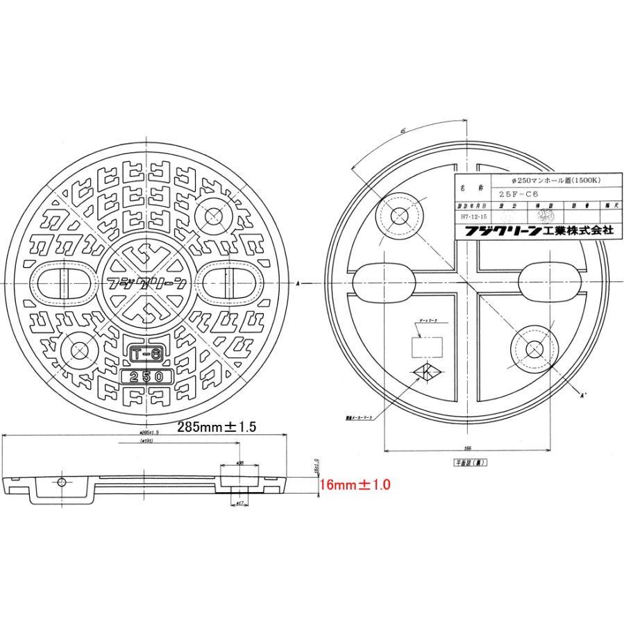 純正 フジクリーン 鉄製 マンホール 250型 直径285mm  耐圧1500kg (T6) 旧レジコン蓋の代替品 フタ 車乗用 蓋 浄化槽｜p1-shop｜03