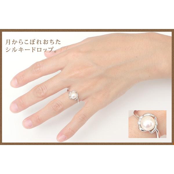 月のしずくを纏う天然パールリング 日本製K10ホワイトゴールド ダイヤ入り上品リングの画像