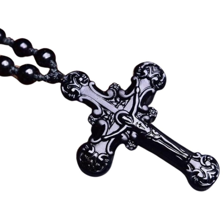 ネックレス 黒数珠 和と洋の融合 十字架 キリスト 首輪 紐