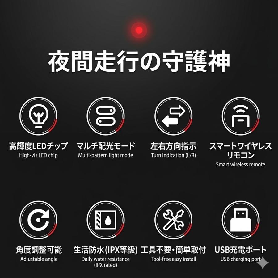 警告音あり！／自転車 テールライト ソーラー式 LEDウインカーライト