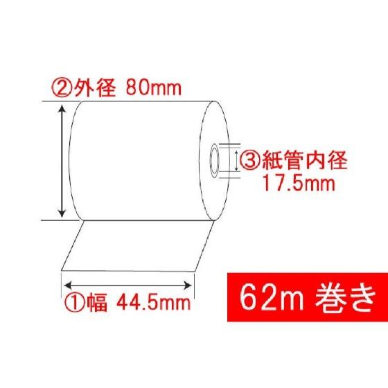【代引き 不可】100巻・国産品 感熱紙 レシート (1)紙幅44.5mm×(2)外径80mm×(3)紙管内径17.5mm （62m巻き） 汎用 サーマル レジ ロール 100巻入