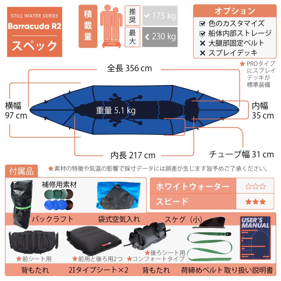 タンデム パックラフト MRS インフレータブルボート 軽量 ボート バラクーダR2 スプレイデッキなし オープンタイプ Barracuda R2 スピード 本格的 2人用｜packraft｜07