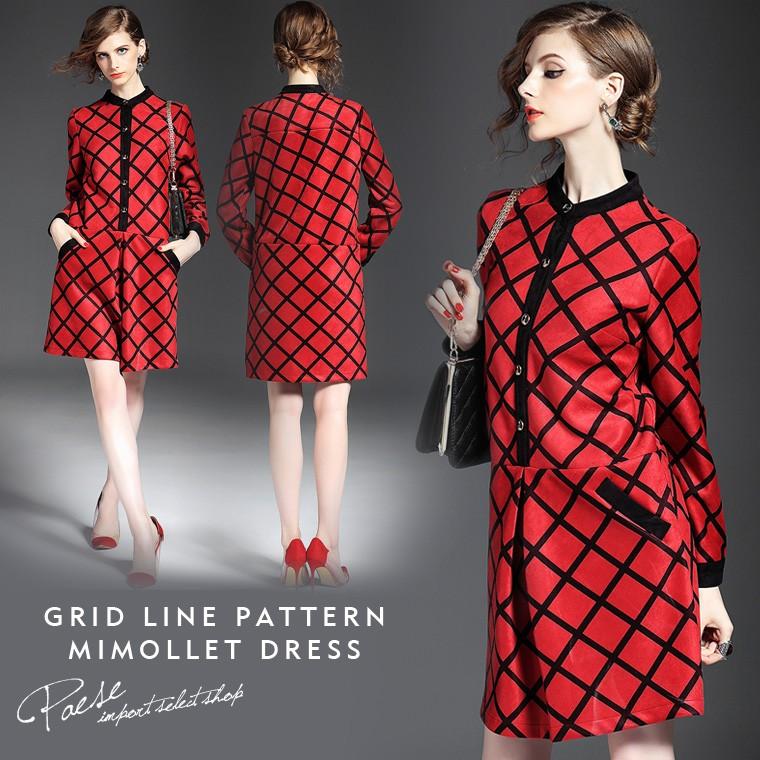 格子柄ミモレ丈ワンピース 格子柄 柄物 レッド フレア 詰襟 ミモレ丈 膝丈 長袖 ワンピース 予約販売 ご注文日より３週間後以降順次発送 同梱不可 Aw Al インポートセレクトショップpaese 通販 Yahoo ショッピング