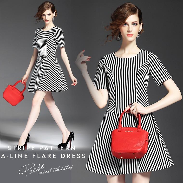 オープニング大セール ストライプ モノトーン 大きいサイズストライプ柄 冬 秋 ワンピース 半袖 ワンピース プリント ワンピース Aライン ワンピース フレア ワンピース ワンピース チュニック