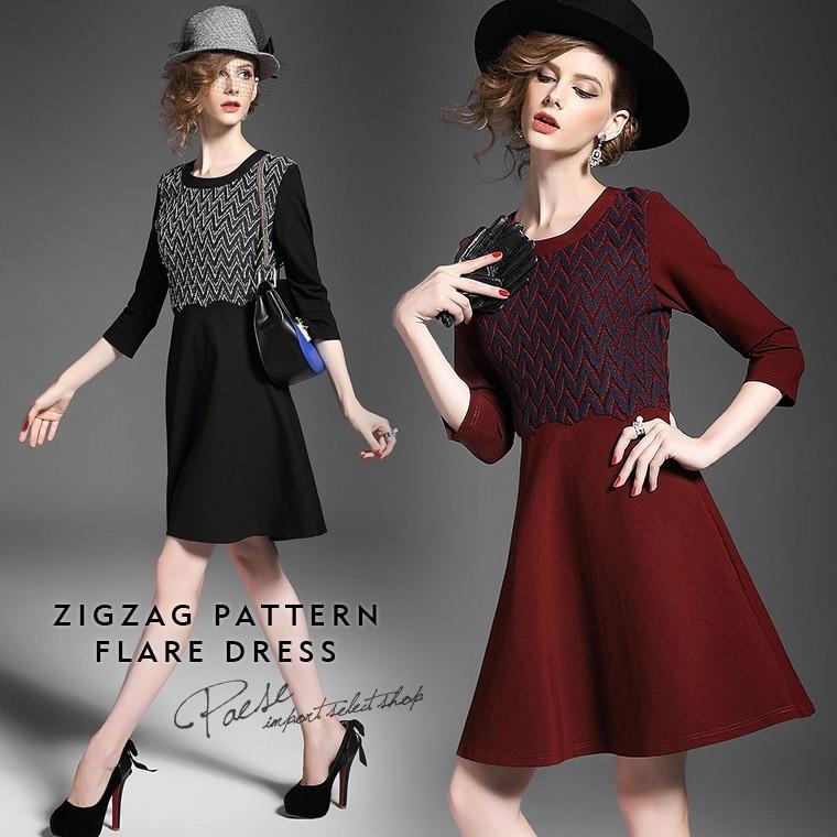 高品質 Early Autumn 15秋 こちらの商品は予約販売商品です ジグザグ柄フレアーワンピース 七分袖 無地 ラウンドネック ミディアム ワンピース 秋冬 大人 上品 予約販売 ご注文日より３週間後以降順次発送 同梱不可 ワンピース チュニック Sergiopizarro