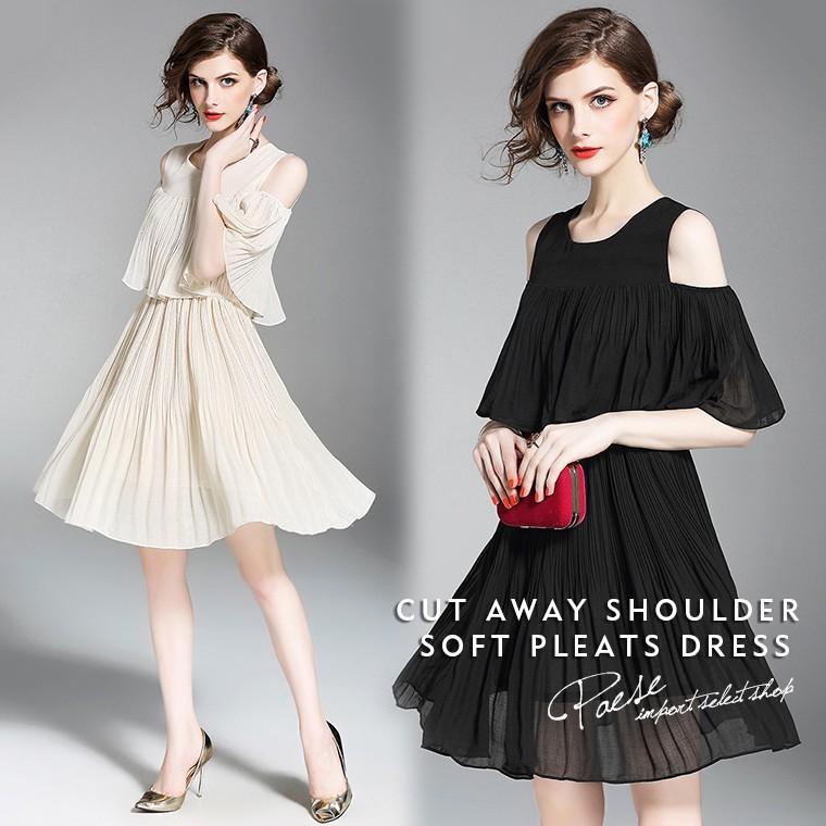 期間限定セール カットアウェイショルダーソフトプリーツワンピース ミニドレス 無地 ワンピース 半袖 五分袖 シフォン シースルー ワンピース ガーリー フェミニン 超目玉 Www Skylanceronline Com