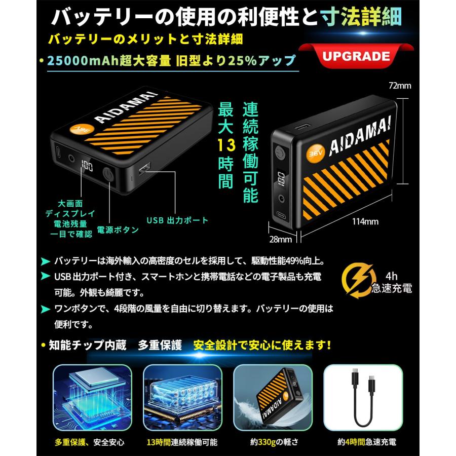 AIDAMAI2025年モデル 36V超高出力 25000mAh ファンバッテリーセット