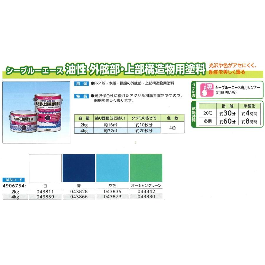 シーブルーエース 油性 外舷部・上部構造物用塗料 4KG 各色【サンデー