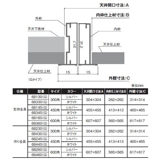 SPG 天井点検口 68230（G） シルバー 吊り金具付 300角【SPG