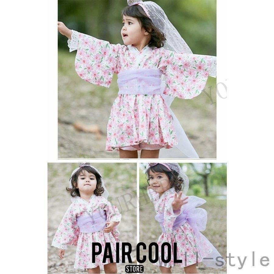 浴衣 子供 女の子 ワンピース 帯 かわいい レトロ キッズ 花柄 チュニック子供 兵児帯付 甚平ベビー服 浴衣ドレス 長袖 正規販売店 子ども