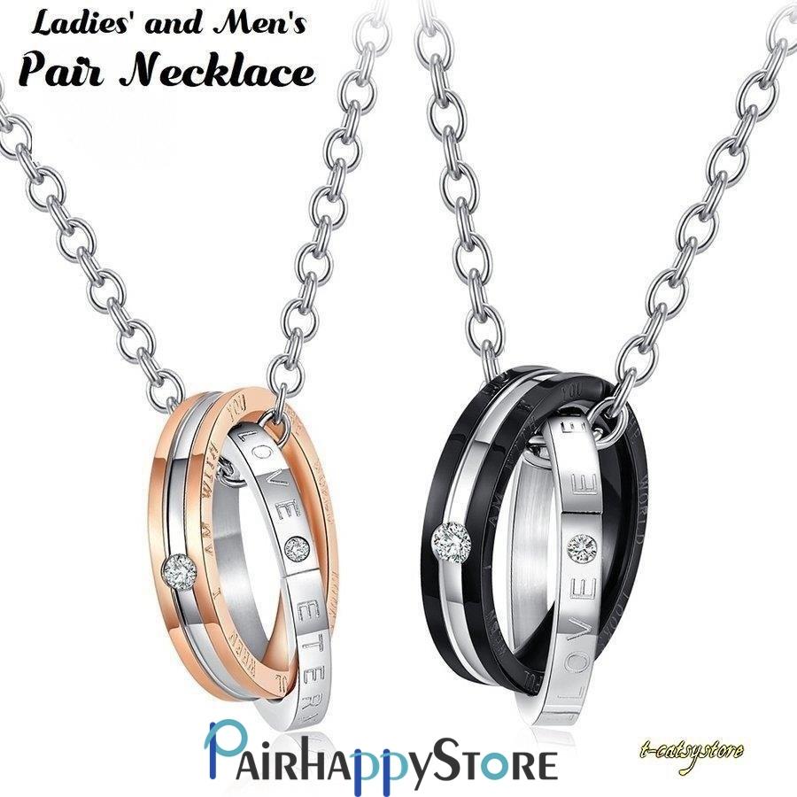年末のプロモーション大特価 ペアネックレス レディース メンズ アクセサリー ペンダント ダブルリング ラインストーン チェーン 刻印 シンプル おしゃれ お揃い 恋人 カップル