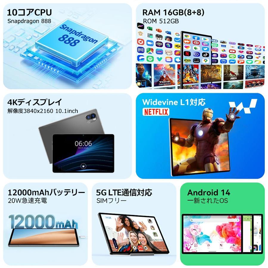 【送料無料】Android15 タブレット PC 本体 10.1インチ 16+512GB FullHD wi-fi 5G HD視力保護 テレワーク ネット授業 動画視聴 GPS 電話 タブレット simフリーの画像