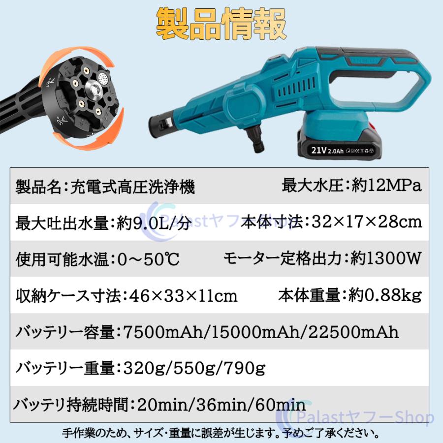 高圧洗浄機 コードレス 充電式 12000mAh バッテリー2個・収納ケース付 12Mpa】高圧洗浄機 コードレス 充電式 マキタ バッテリー対応 3段階
