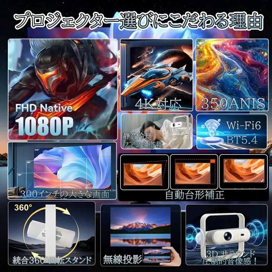 プロジェクター 家庭用 天井投影 1080P&4K対応 35000LM 自動フォーカス