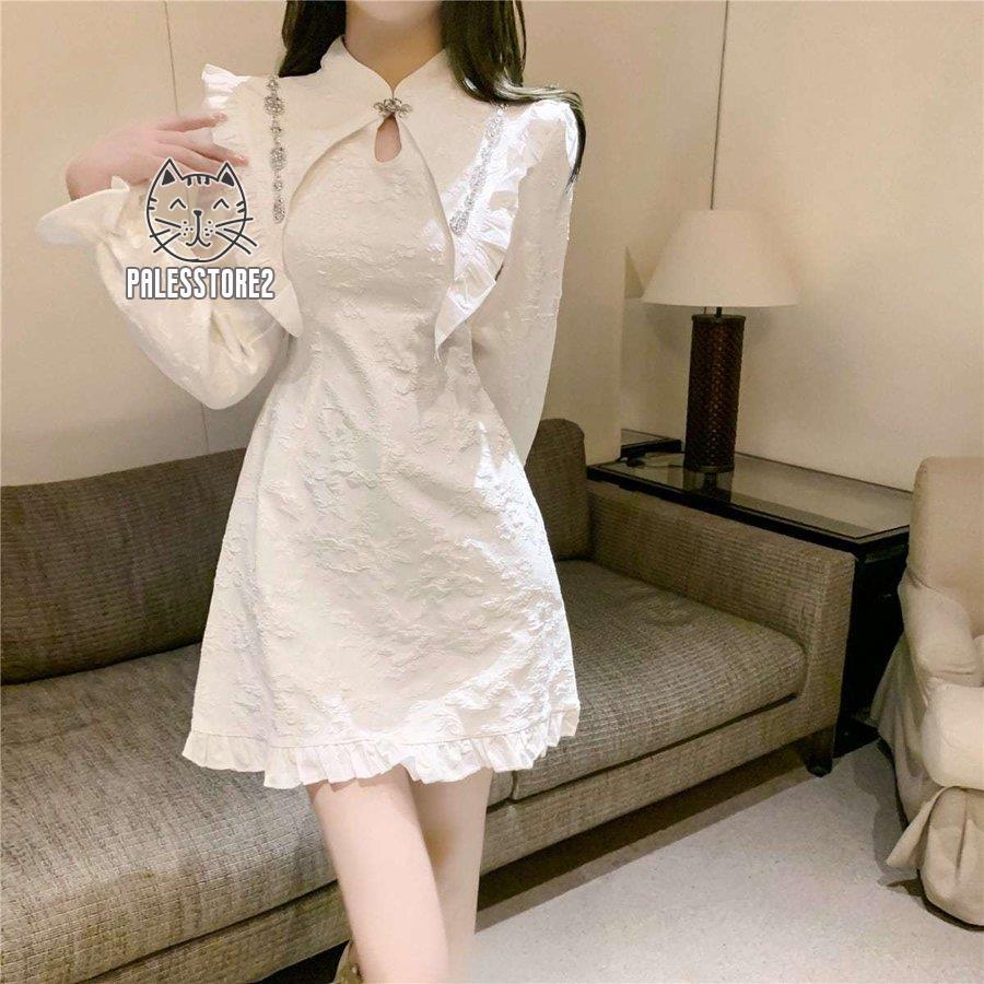 ワンピース フェミニン レディース 春 22 春物 新作 チャイナ風 チャイナ風ワンピース ミニ丈 ミニ丈ワンピース フリル 花柄 ハイネック 甘め かわいい 大人 初売り