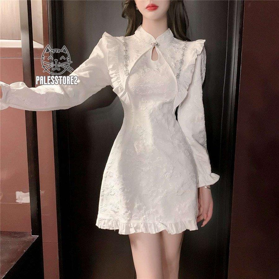 ワンピース フェミニン レディース 春 22 春物 新作 チャイナ風 チャイナ風ワンピース ミニ丈 ミニ丈ワンピース フリル 花柄 ハイネック 甘め かわいい 大人 初売り