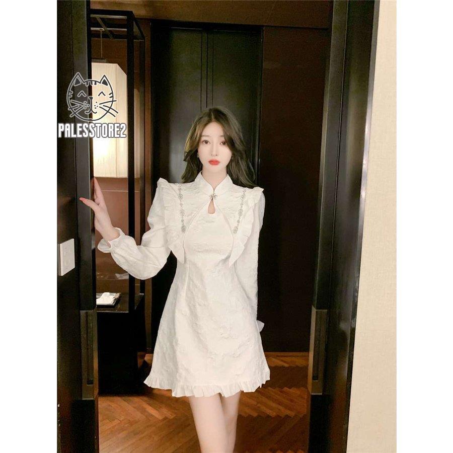 ワンピース フェミニン レディース 春 22 春物 新作 チャイナ風 チャイナ風ワンピース ミニ丈 ミニ丈ワンピース フリル 花柄 ハイネック 甘め かわいい 大人 初売り