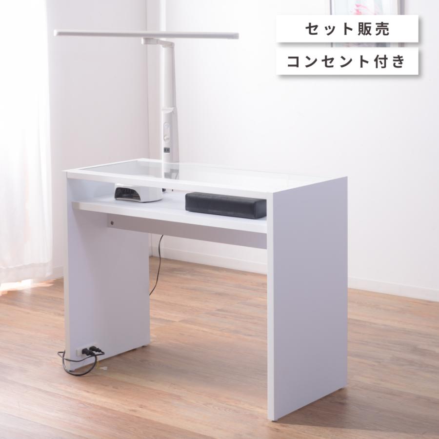 東谷 ネイルテーブル ネイルデスク 幅96 白 ガラス 木製 棚付き 収納 
