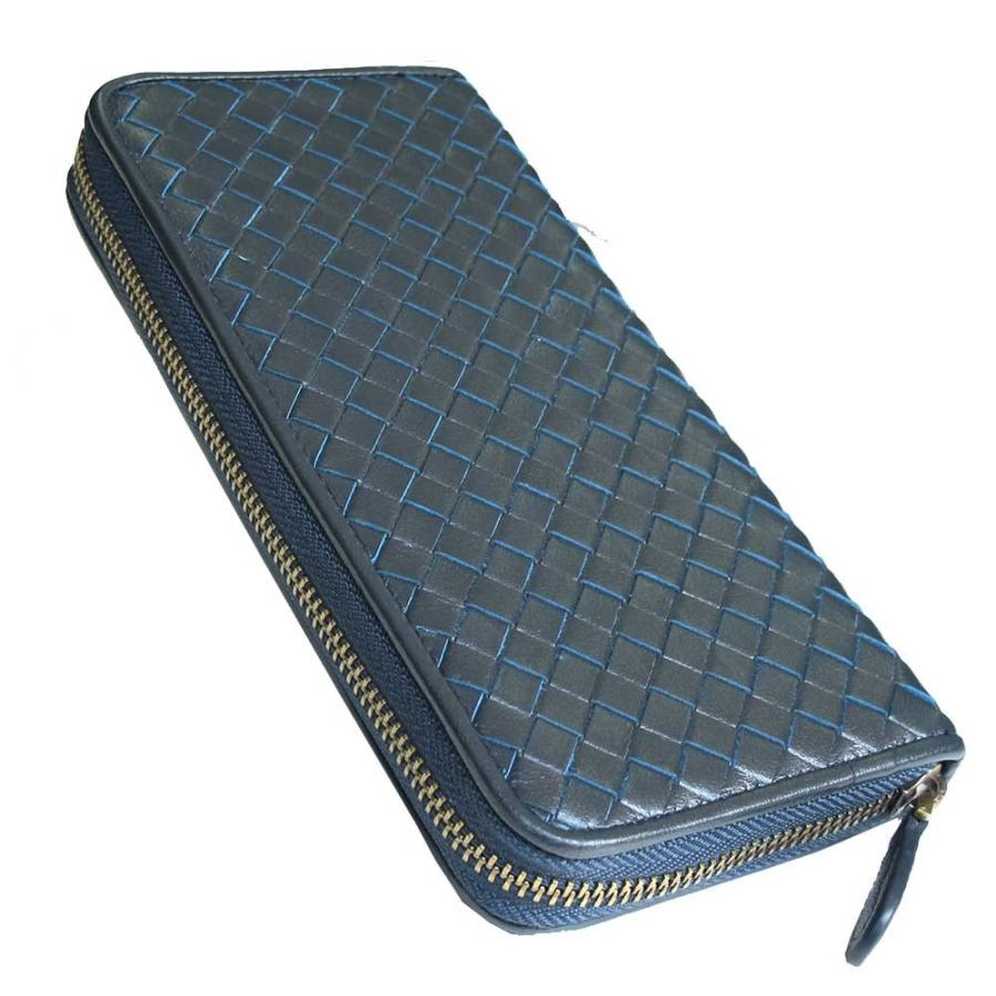 ラムレザー ラウンドファスナー サイフ  羊革  編み込み 小銭入れ 札入れ ブランド ネイビー | 