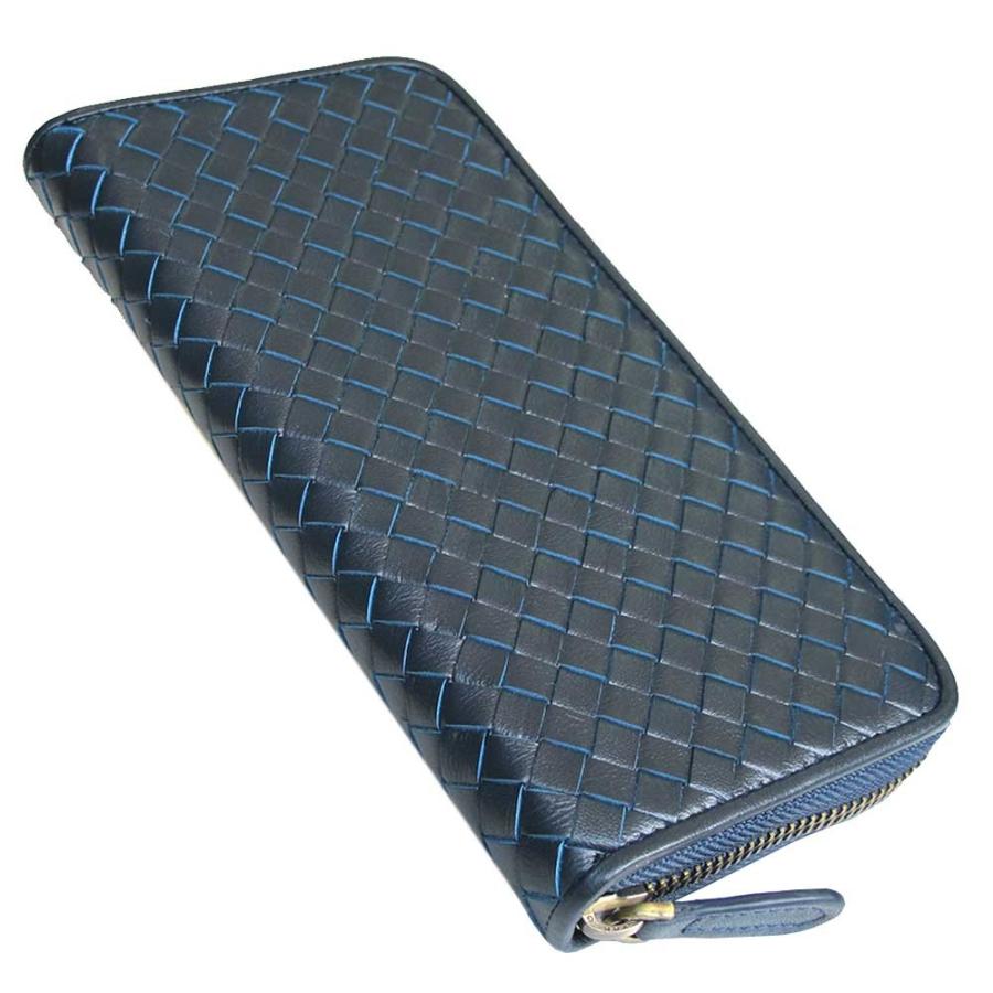 ラムレザー ラウンドファスナー サイフ  羊革  編み込み 小銭入れ 札入れ ブランド ネイビー |  | 01