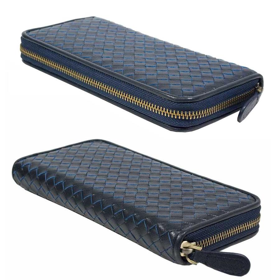 ラムレザー ラウンドファスナー サイフ  羊革  編み込み 小銭入れ 札入れ ブランド ネイビー |  | 03