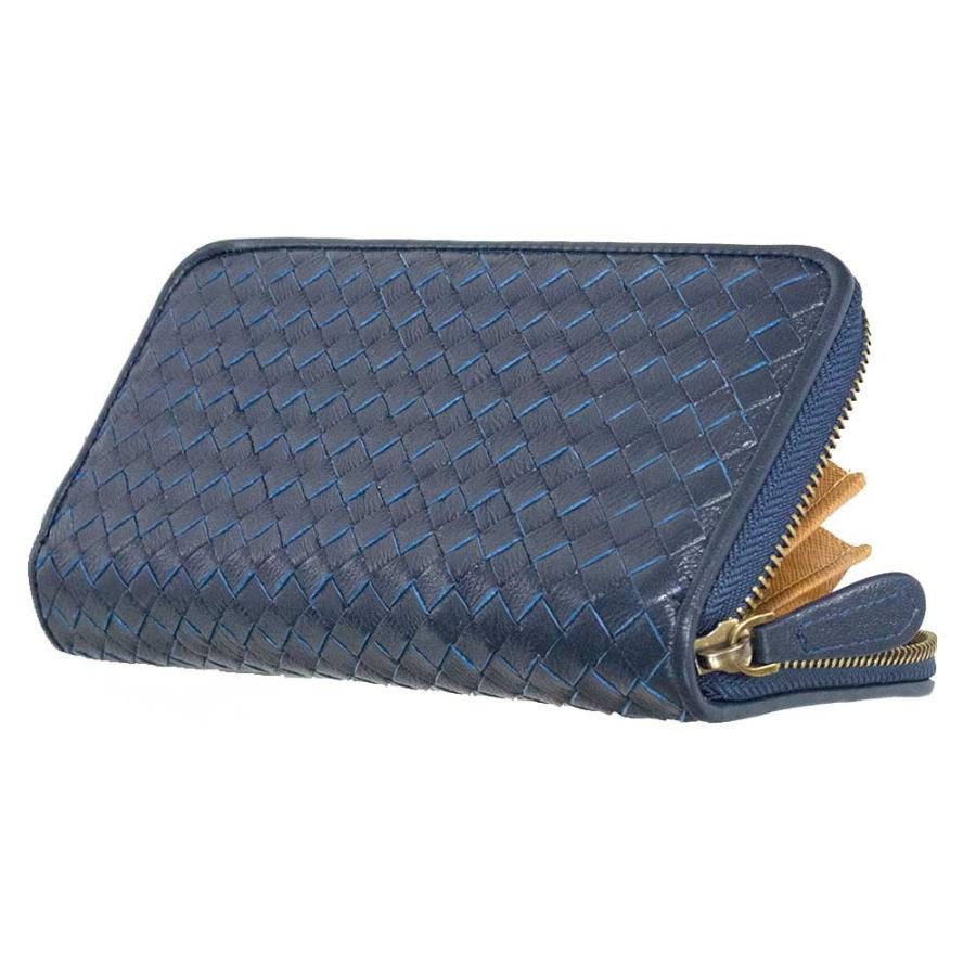 ラムレザー ラウンドファスナー サイフ  羊革  編み込み 小銭入れ 札入れ ブランド ネイビー |  | 05