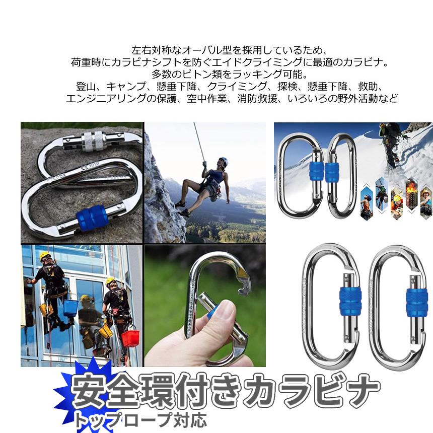 頑丈 登山 安全環 付き カラビナ 2個 25KN トップ ロープ 対応