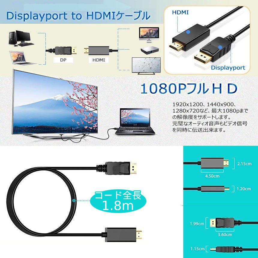 DisplayPort to HDMI 変換 ケーブル 1.8m DP ポート ディスプレイ