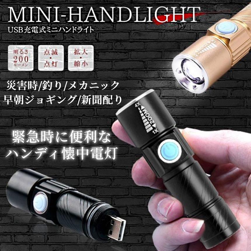 小型 LED ハンディ ライト 200lm USB 充電 懐中電灯 点灯 点滅 簡単