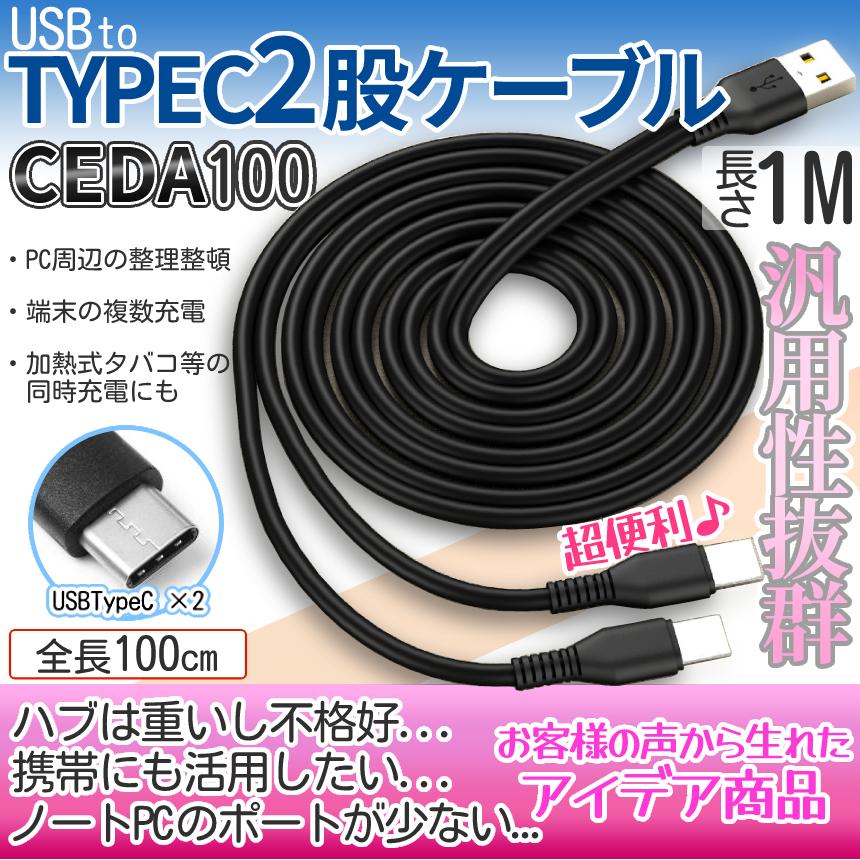 USBケーブル type-c 2股 ケーブル 1m 2台同時 充電 USB タイプC 分配 延長 充電ケーブル スマホ タブレット iPad Android パソコン PC 持ち運び 携帯 CEDA100｜palone｜02