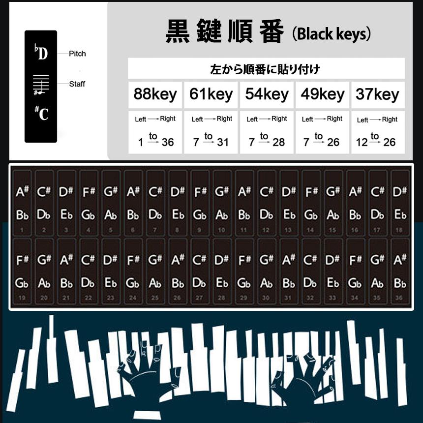 ピアノ 練習 鍵盤 シール 音階 音符 初心者 キーボード キー 簡単 貼る 剥がせる 37鍵 49鍵 54鍵 61鍵 76鍵 88鍵 ステッカー 黒盤 白盤 レッスン 教室 88PIASTE｜palone｜06