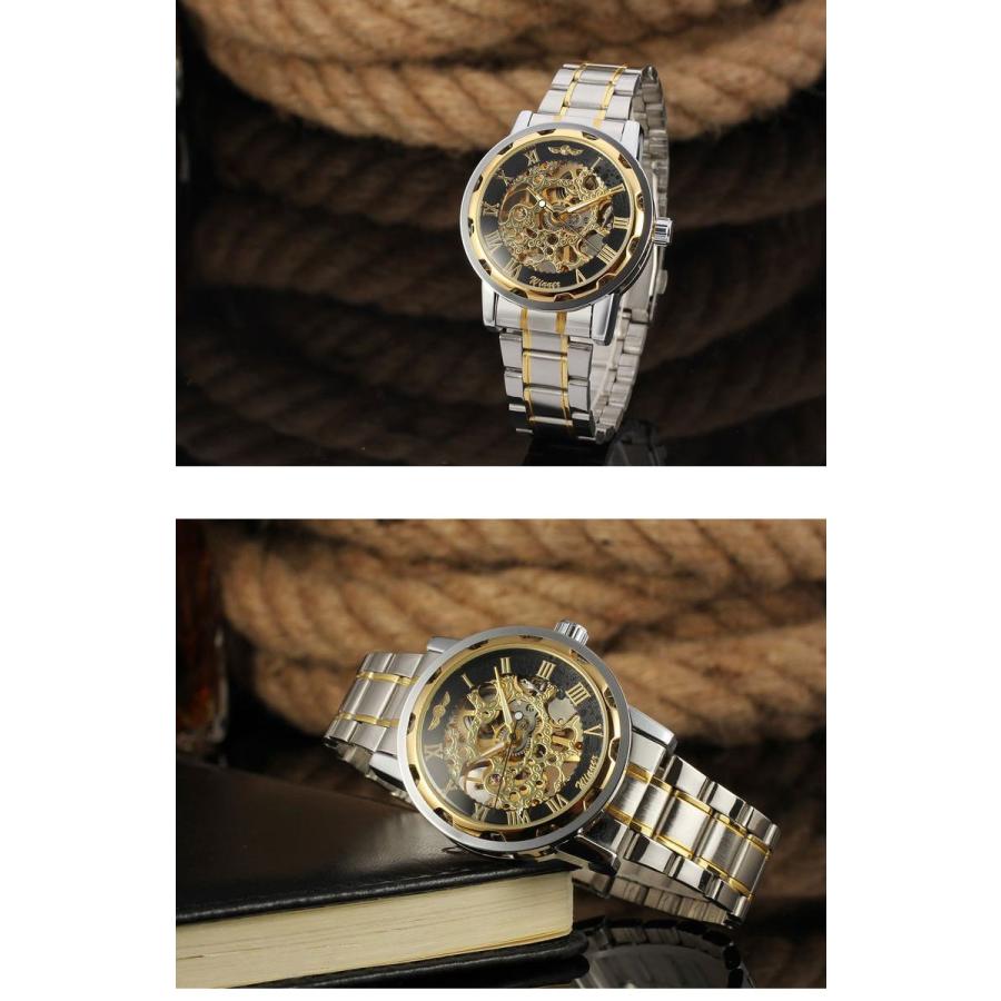 スケルトン メンズ腕時計 手巻き式 ゴールド×シルバー ステンレス